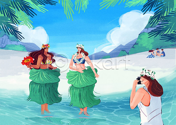 남자 성인 여러명 여자 PSD 일러스트 바다 사진촬영 세계여행 여행 풀잎 하와이 해변 해외여행 화관 훌라의상 훌라춤