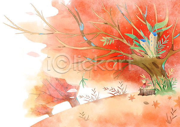 사람없음 PSD 일러스트 가을(계절) 가을배경 가을풍경 나무 나무밑둥 단풍 백그라운드 요정 주택 판타지 풀잎