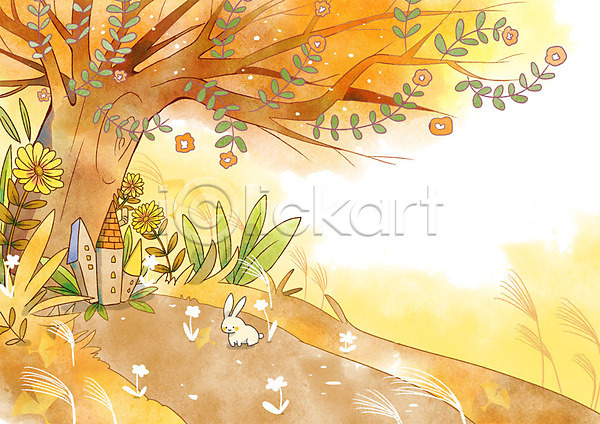 사람없음 PSD 일러스트 가을(계절) 가을배경 가을풍경 꽃 나무 백그라운드 주택 토끼 판타지 풀잎