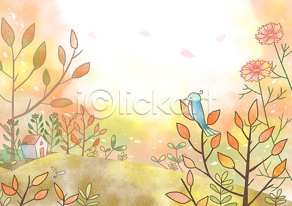 사람없음 PSD 일러스트 가을(계절) 가을배경 가을풍경 꽃 나무 백그라운드 조류 주택 판타지 풀잎