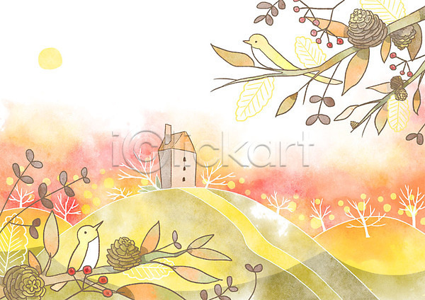 사람없음 PSD 일러스트 가을(계절) 가을배경 가을풍경 나무 백그라운드 솔방울 조류 주택 태양 판타지 풀잎