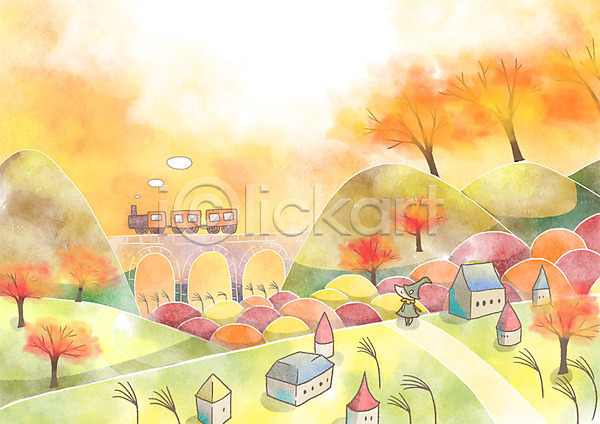 사람없음 PSD 일러스트 가을(계절) 가을배경 가을풍경 기차 나무 다리 마을 백그라운드 산 주택 판타지