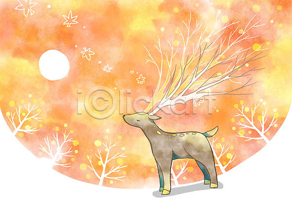 사람없음 PSD 일러스트 가을(계절) 가을배경 가을풍경 나무 단풍 달 백그라운드 사슴 판타지