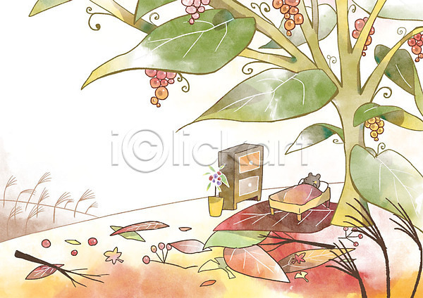 사람없음 PSD 일러스트 가을(계절) 가을배경 가을풍경 나무 백그라운드 서랍장 잠 쥐 침대 판타지 화분