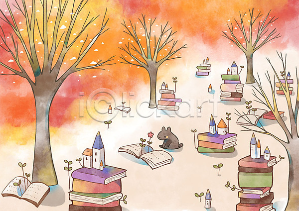 사람없음 PSD 일러스트 가을(계절) 가을배경 가을풍경 나무 독서 백그라운드 주택 쥐 책 판타지