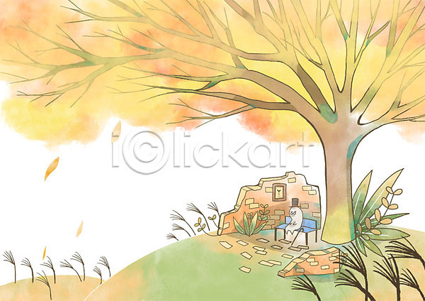 사람없음 PSD 일러스트 가을(계절) 가을배경 가을풍경 나무 백그라운드 벤치 판타지 풀잎