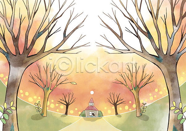 사람없음 PSD 일러스트 가을(계절) 가을배경 가을풍경 길 나무 백그라운드 주택 판타지 풀잎