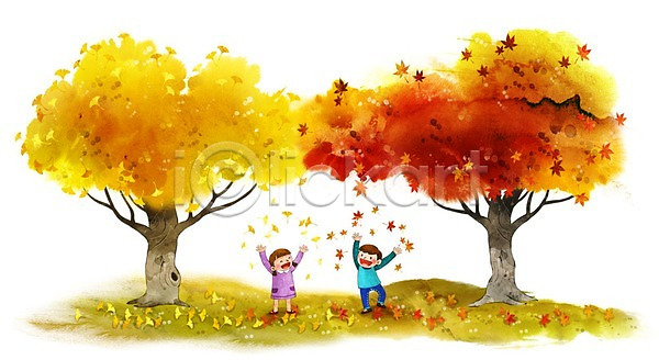 남자 두명 어린이 여자 PSD 일러스트 가을(계절) 가을배경 계절백그라운드 단풍 단풍나무 단풍놀이 백그라운드 은행나무 은행잎