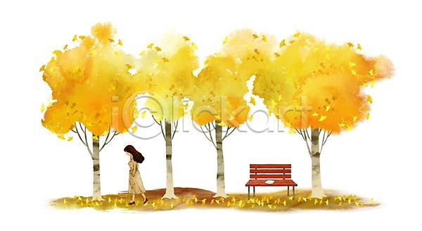 이별 성인 여자 한명 PSD 일러스트 가을(계절) 가을배경 계절백그라운드 백그라운드 벤치 은행나무 은행잎 트렌치코트