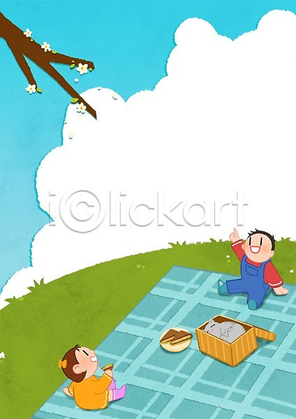 남자 두명 어린이 여자 PSD 일러스트 프레임일러스트 고양이 구름(자연) 동산 샌드위치 소풍 어린이라이프 피크닉용품