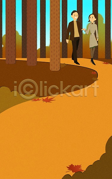 산책 남자 두명 성인 여자 PSD 일러스트 프레임일러스트 가을(계절) 낙엽 데이트 산책로 숲 트렌치코트