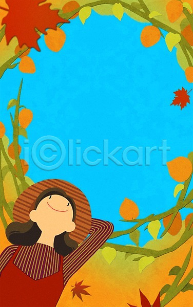 성인 여자 한명 PSD 일러스트 프레임일러스트 가을(계절) 낙엽 덩굴 모자(잡화) 하늘