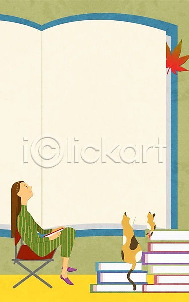 성인 여자 한명 PSD 옆모습 일러스트 프레임일러스트 가을(계절) 고양이 단풍 독서 야외의자 의자 책 펼침