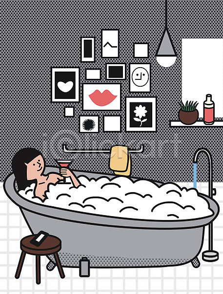 휴식 성인 여자 한명 PSD 일러스트 거품목욕 레이어드홈 목욕 수건 실내 안식처 액자 욕실 욕조 집안 칵테일 칵테일잔 혼족 화분