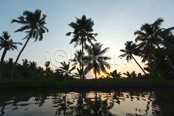 침묵 사람없음 인도인 JPG 포토 해외이미지 강 나무 물 물결 반사 수평선 야외 일몰 케랄라주 태양 풍경(경치) 해외202004