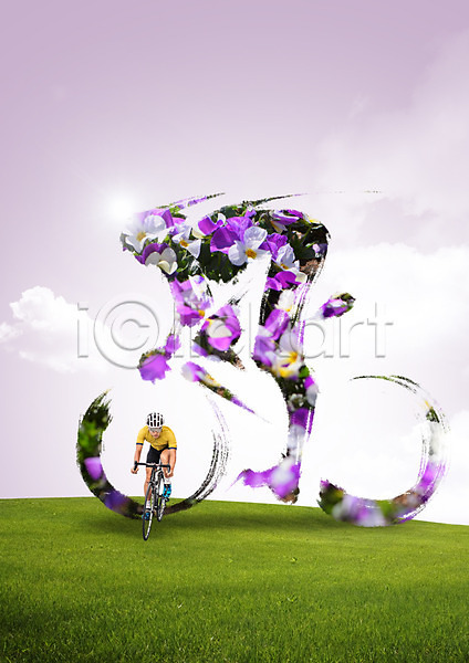 20대 남자 성인 성인남자한명만 한국인 한명 PSD 편집이미지 구름(자연) 꽃 모션 사이클링 자전거 잔디 캘리그라피 편집 하늘 헬멧