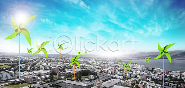 사람없음 PSD 편집이미지 구름 그린캠페인 도시 바다 바람개비 이미지편집 자연보호 주택 편집 하늘 환경