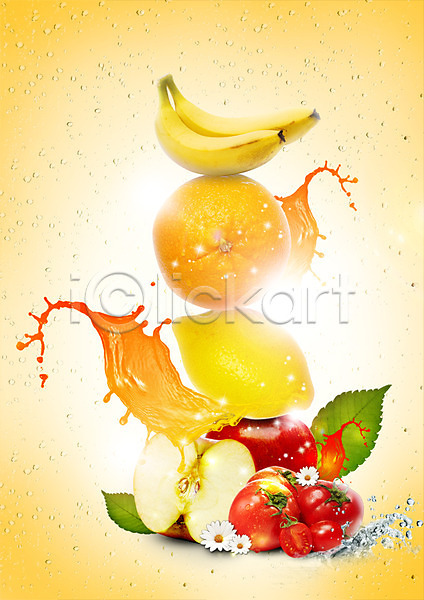 사람없음 PSD 편집이미지 꽃 나뭇잎 단면 레몬 물방울 바나나 방울토마토 사과(과일) 쌓기 오렌지 튀는물 트로피컬아트 편집