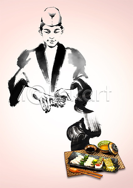 남자 성인 한명 PSD 편집이미지 숟가락 요리 요리사 음식 일본음식 일식요리사 일식집 장국 접시 젓가락 초밥 캘리그라피 편집