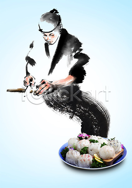 남자 성인 한명 PSD 편집이미지 생선회 요리 요리사 일본음식 일식요리사 일식집 접시 칼질 캘리그라피 편집