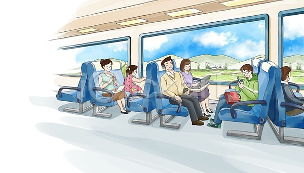 남자 성인 어린이 여러명 여자 PSD 일러스트 기차 노트북 대중교통 수채화(물감) 실내 의자 창문
