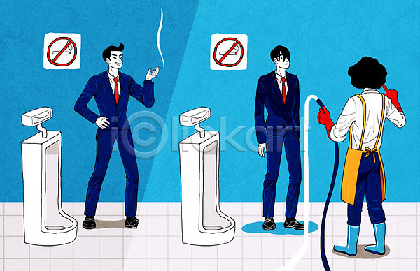 남자 성인 세명 여자 PSD 일러스트 금연구역 남자화장실 담배 물호스 복수 소변기 예절 청소부 카툰스타일 화장실 흡연