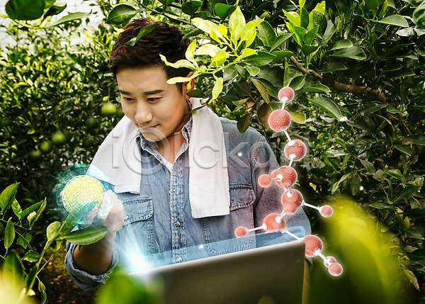 남자 성인 한국인 한명 JPG 디지털합성 편집이미지 DNA 과수원 그래픽 농부 오렌지 유전자구조 증강현실 컴퓨터그래픽 편집 합성 홀로그램