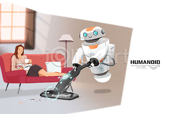 성인 여자 한명 PSD 일러스트 4차산업 AI(인공지능) 로봇 소파 스탠드 실내 잡지 청소 청소기 청소로봇 커피잔 쿠션 홀로그램 휴머노이드