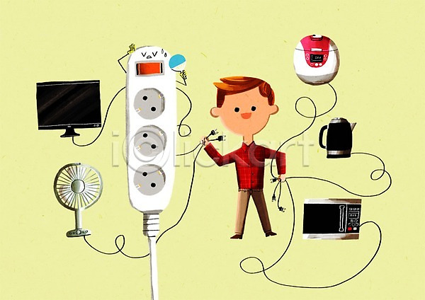 남자 성인 한명 PSD 일러스트 가전제품 밥솥 부채 선풍기 에너지절약 전기에너지 전기포트 전자레인지 콘센트 텔레비전 환경