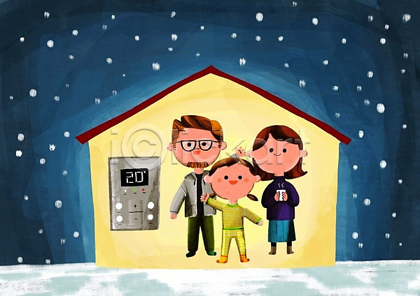 남자 성인 세명 어린이 여자 PSD 일러스트 가족 겨울 눈 에너지절약 온도계 적정온도 주택 체온계 환경