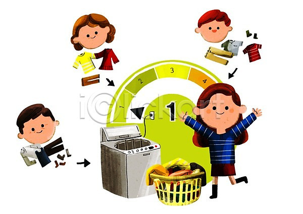 남자 성인 어린이 여러명 여자 PSD 일러스트 가족 빨래 빨래통 세탁기 에너지절약 에너지효율 옷 환경