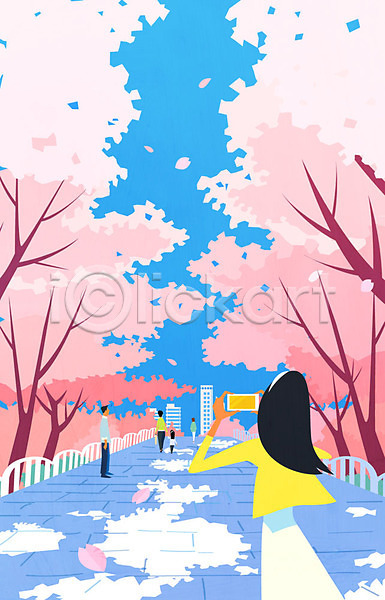 남자 성인 어린이 여러명 여자 AI(파일형식) 뒷모습 일러스트 거리 계절 공원 벚나무 봄 사진촬영 스마트폰 안식처 여행