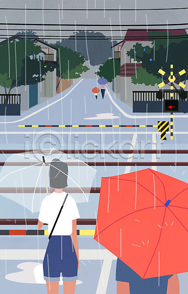 남자 성인 어린이 여러명 여자 AI(파일형식) 뒷모습 일러스트 계절 기찻길 마을 비 여름(계절) 여행 우산 주택 철도의날