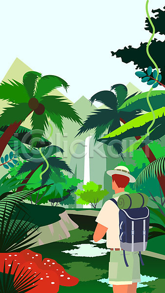 남자 성인 한명 AI(파일형식) 뒷모습 일러스트 계절 배낭 숲 안식처 야자수 여름(계절) 여행 열대우림 정글모자 정글탐험 트로피컬아트