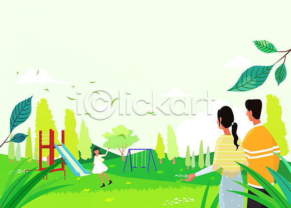 남자 성인 세명 어린이 여자 AI(파일형식) 뒷모습 일러스트 가족 계절 그네 나뭇잎 놀이터 미끄럼틀 여행 풀잎