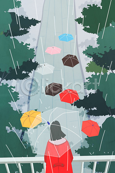 성인 여자 한명 AI(파일형식) 뒷모습 일러스트 계절 길 나무 비 안식처 여름(계절) 여행 우산