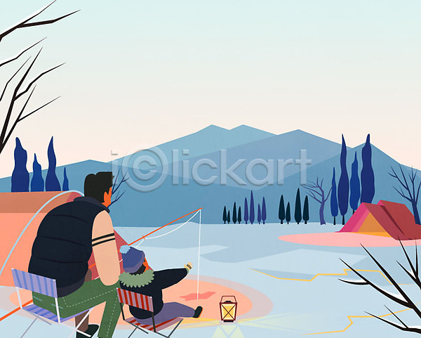 남자 두명 성인 어린이 AI(파일형식) 뒷모습 일러스트 겨울 겨울캠프 계절 나무 랜턴 산 안식처 야외의자 얼음낚시 여행 캠핑 털모자