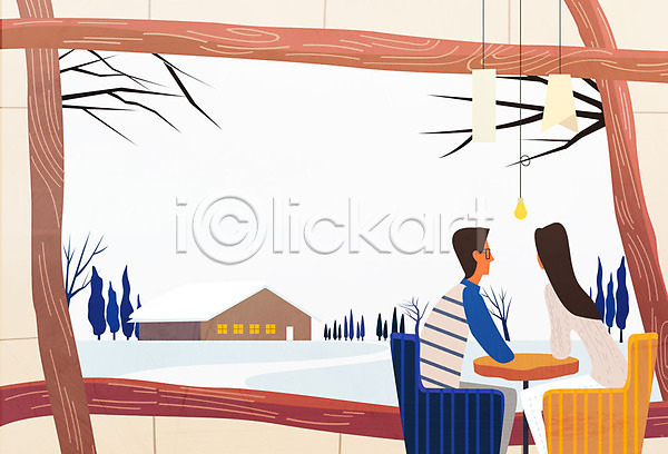 남자 두명 성인 여자 AI(파일형식) 뒷모습 일러스트 겨울 계절 나무 실내 여행 의자 조명 카페 탁자