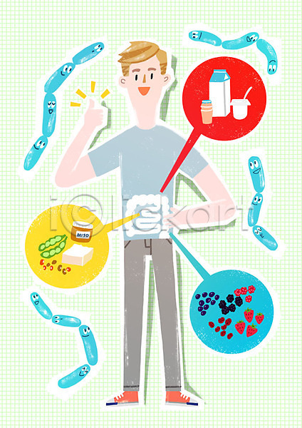 남자 성인 한명 PSD 일러스트 건강 과일 대장 두부 박테리아 위생 유산균 유제품 의학 콩