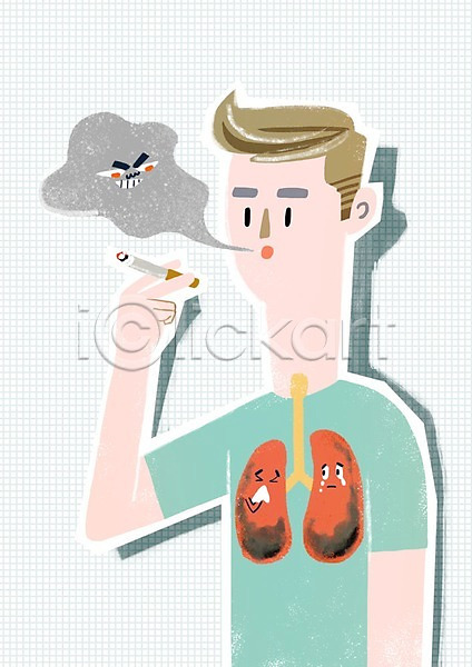 남자 성인 한명 PSD 일러스트 건강 담배 박테리아 위생 의학 허파 흡연