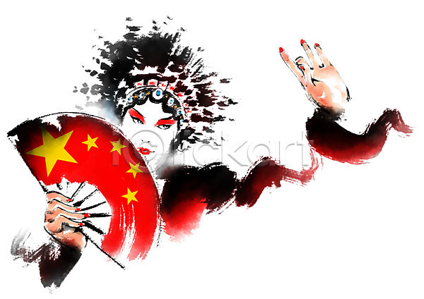 성인 한명 PSD 앞모습 일러스트 경극 부채 상반신 오성홍기 중국 중국전통 캘리그라피