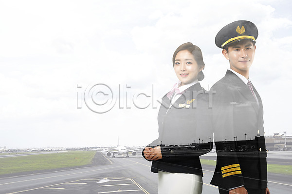 남자 두명 성인 여자 한국인 JPG 디지털합성 편집이미지 디지털아트 비행기 상반신 승무원 직업 파일럿 편집 합성 항공 활주로