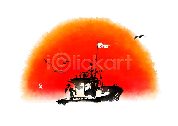 남자 성인 한명 PSD 일러스트 갈매기 바다 배(교통) 빨간색 새해 어부 캘리그라피 태양