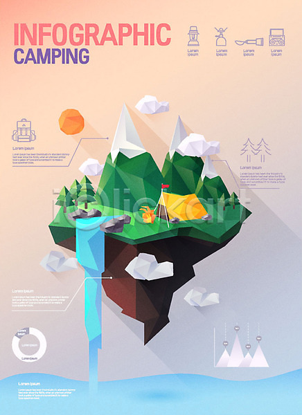 사람없음 AI(파일형식) 일러스트 구름(자연) 그래프 나무 돌 로우폴리 산 삼각형 인포그래픽 캠핑 캠핑도구 태양 텐트 폭포 폴리곤