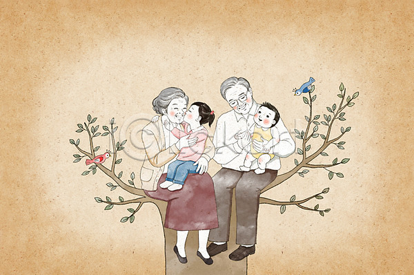 행복 남자 여러명 여자 PSD 앞모습 일러스트 가족 나무 손녀 손자 수채화(물감) 앉기 전신 조류 할머니 할아버지