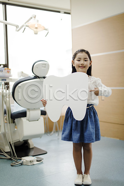 소녀한명만 어린이 여자 한국인 한명 JPG 앞모습 포토 들기 서기 실내 의학 전신 진료실 치과 치과용품 치과진료 치아모형