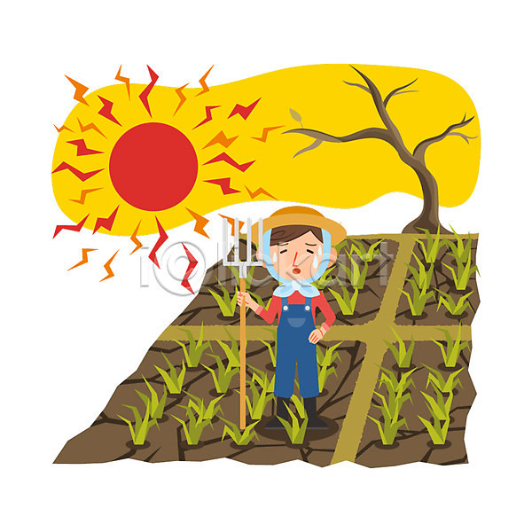 남자 성인 한명 AI(파일형식) 일러스트 가뭄 농부 밭 서기 자연재해 전신 태양