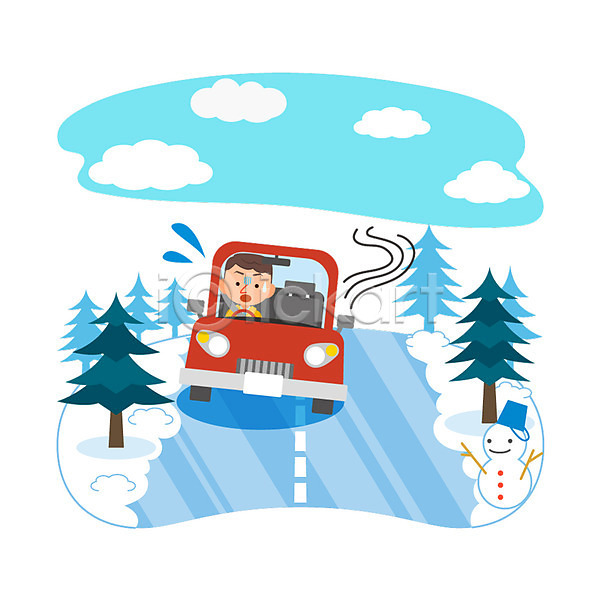 남자 성인 한명 AI(파일형식) 일러스트 겨울 교통사고 눈(날씨) 눈사람 미끄러짐 빙판길 자동차 자연재해