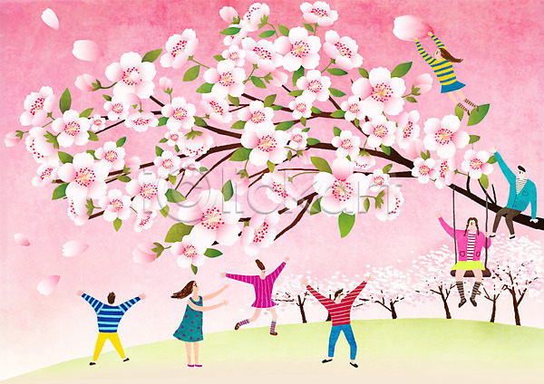즐거움 남자 성인 여러명 여자 PSD 일러스트 그네 대한민국축제 벚꽃 벚꽃축제 봄 지역축제 축제 한국