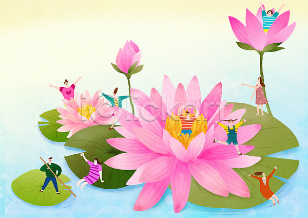 즐거움 남자 성인 여러명 여자 PSD 일러스트 대한민국축제 연꽃(꽃) 연꽃축제 연못 연잎 지역축제 축제 한국